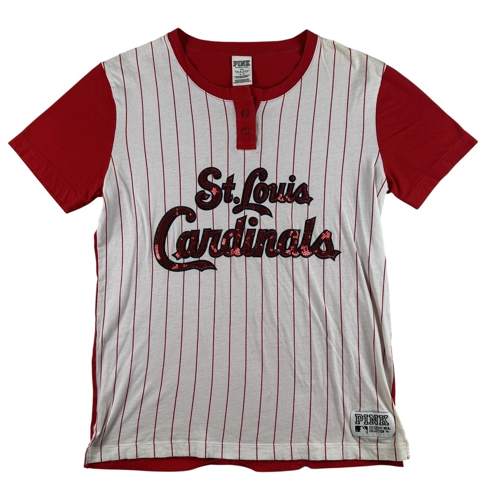 Vintage St. Louis Cardinals‎ Shirt Womens Small MLB Baseball PINK Sequin Henley